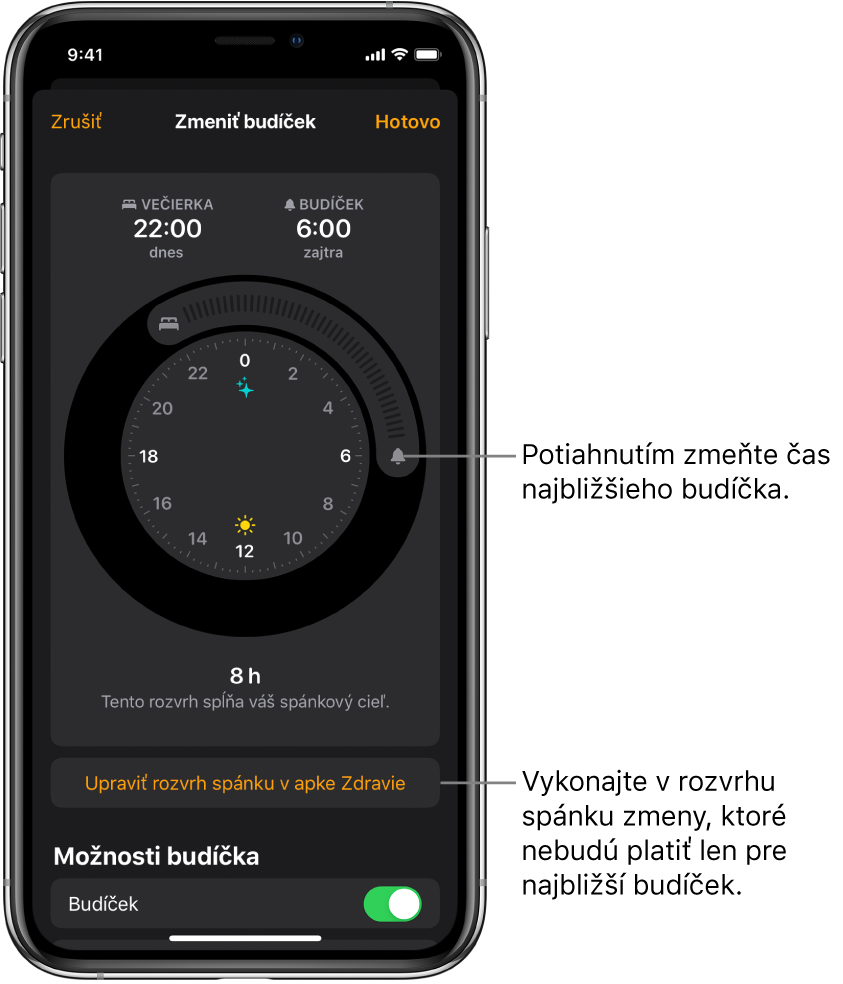 Obrazovka na zmenu zajtrajšieho budíčka s tlačidlami, ktorých potiahnutím môžete zmeniť časy večierky a budenia, tlačidlom na zmenu rozvrhu spánku v apke Zdravie a tlačidlom, ktorým sa budíček vypína a zapína.