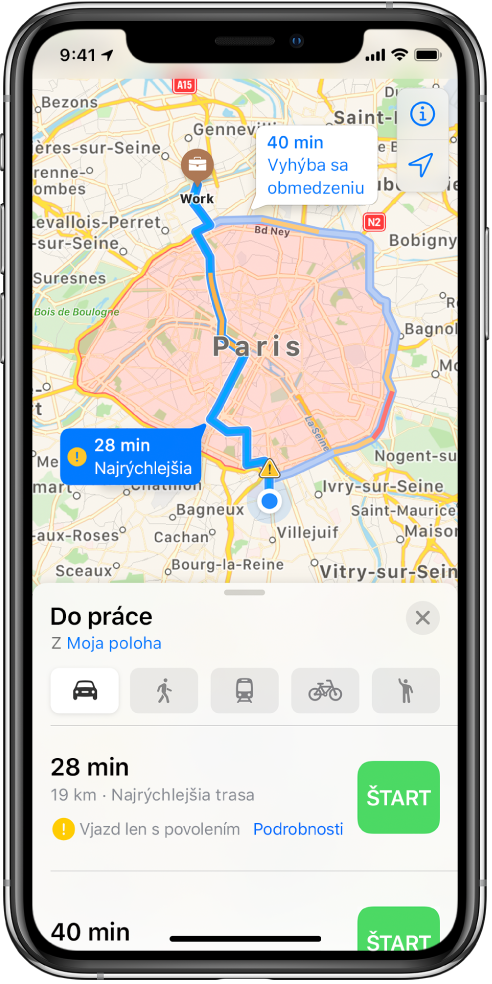 Cestná mapa s Parížom v strede zobrazuje rýchlu trasu, ktorá vedie priamo cez mesto, a pomalšiu trasu okolo mesta, ktorá sa vyhýba obmedzeniam.