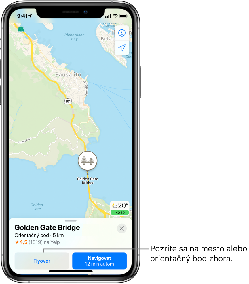Mapa San Francisca. Na karte s informáciami o moste Golden Gate Bridge v dolnej časti obrazovky sa naľavo od tlačidla Trasa zobrazuje tlačidlo Flyover.