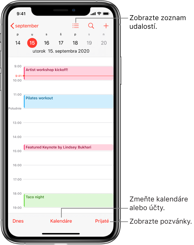 Kalendár v zobrazení dňa s dennými udalosťami. Ak chcete zmeniť účty kalendára, klepnite na tlačidlo Kalendáre v dolnej časti obrazovky. Klepnutím na tlačidlo Prijaté vpravo dole zobrazíte pozvánky.