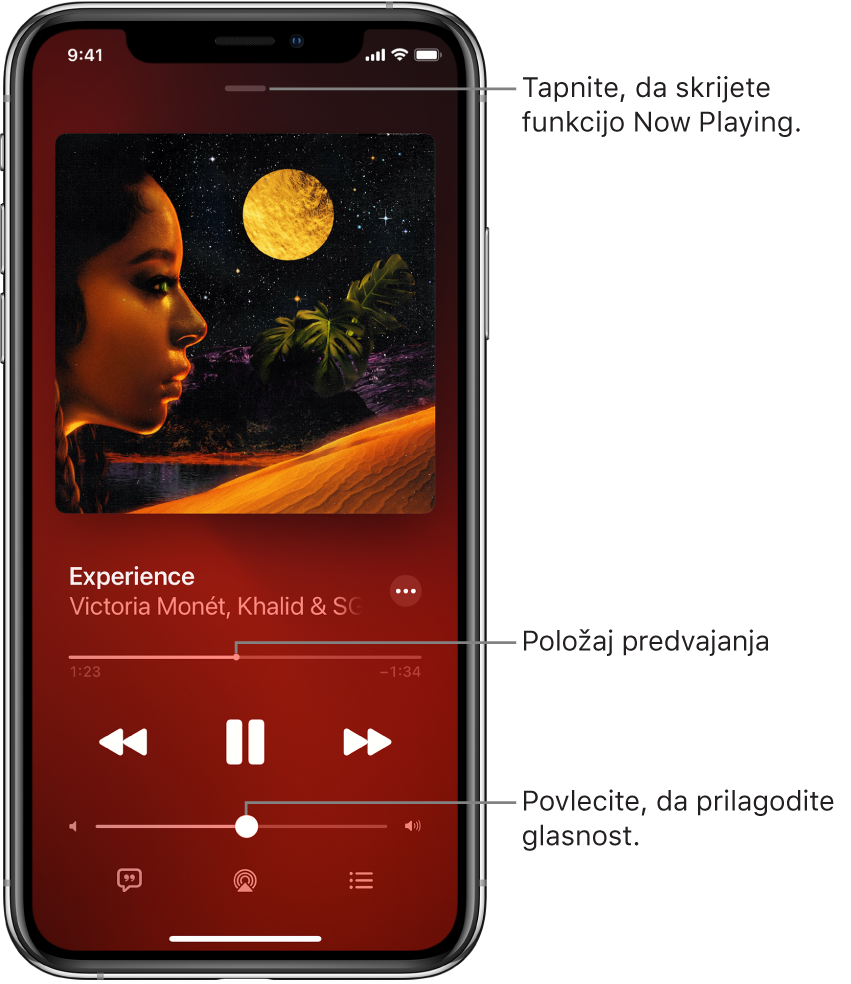 Zaslon Now Playing prikazuje naslovnico albuma. Spodaj so naslov pesmi, izvajalec, gumb More, drsnik v vrstici predvajanja, kontrolniki predvajanja, drsnik za glasnost ter gumbi Lyrics, Playback Destination in Queue. Gumb Hide Now Playing je na vrhu.