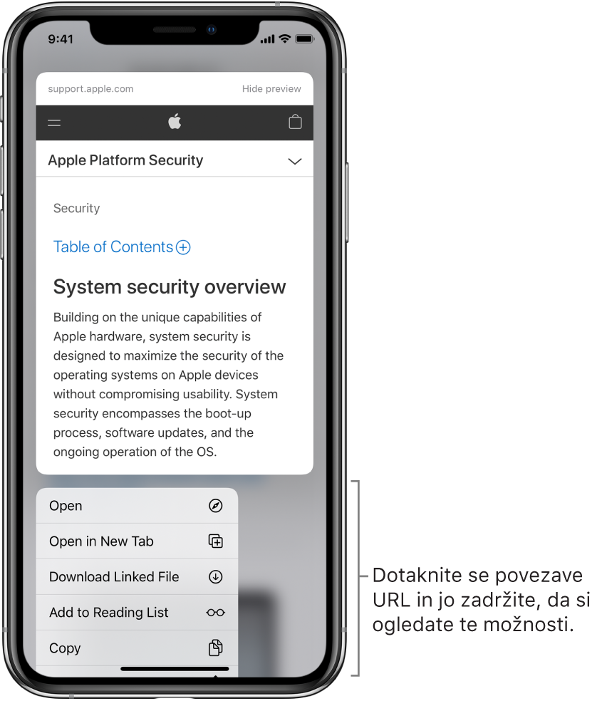 Prekrivni element, ki prikazuje predogled ciljnega URL-ja in seznam možnih dejanj: Open, Add to Reading List, Add to Photos, Copy in Share.