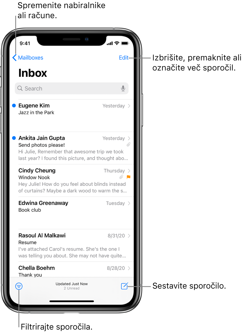 Zaslon nabiralnika, na katerem je prikazan seznam e-poštnih sporočil. Gumb Mailboxes za preklapljanje med nabiralniki je v zgornjem levem kotu. Gumb Edit za brisanje, premikanje ali označevanje e-poštnih sporočil je v zgornjem desnem kotu. Gumb za filtriranje e-poštnih sporočil, ki omogoča prikaz le določenih vrst e-poštnih sporočil, je v spodnjem levem kotu. Gumb za ustvarjanje novega e-poštnega sporočila je v spodnjem desnem kotu.
