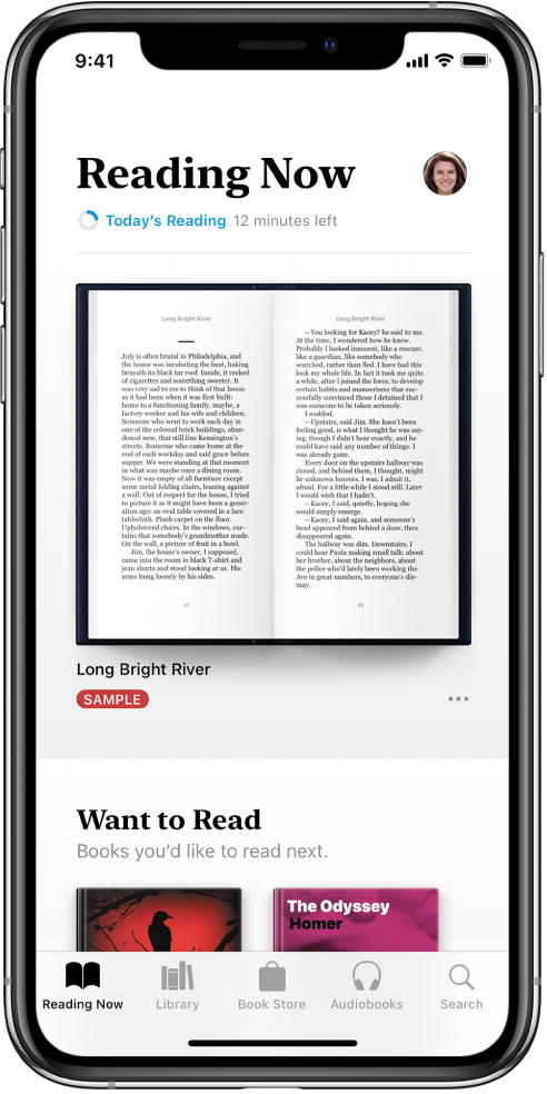 V aplikaciji Books je izbran zavihek Reading Now. Na dnu zaslona so od leve proti desni zavihki Reading Now, Library, Book Store, Audiobooks in Search.