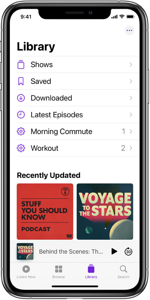 Zavihek Library prikazuje nedavno sledene oddaje.