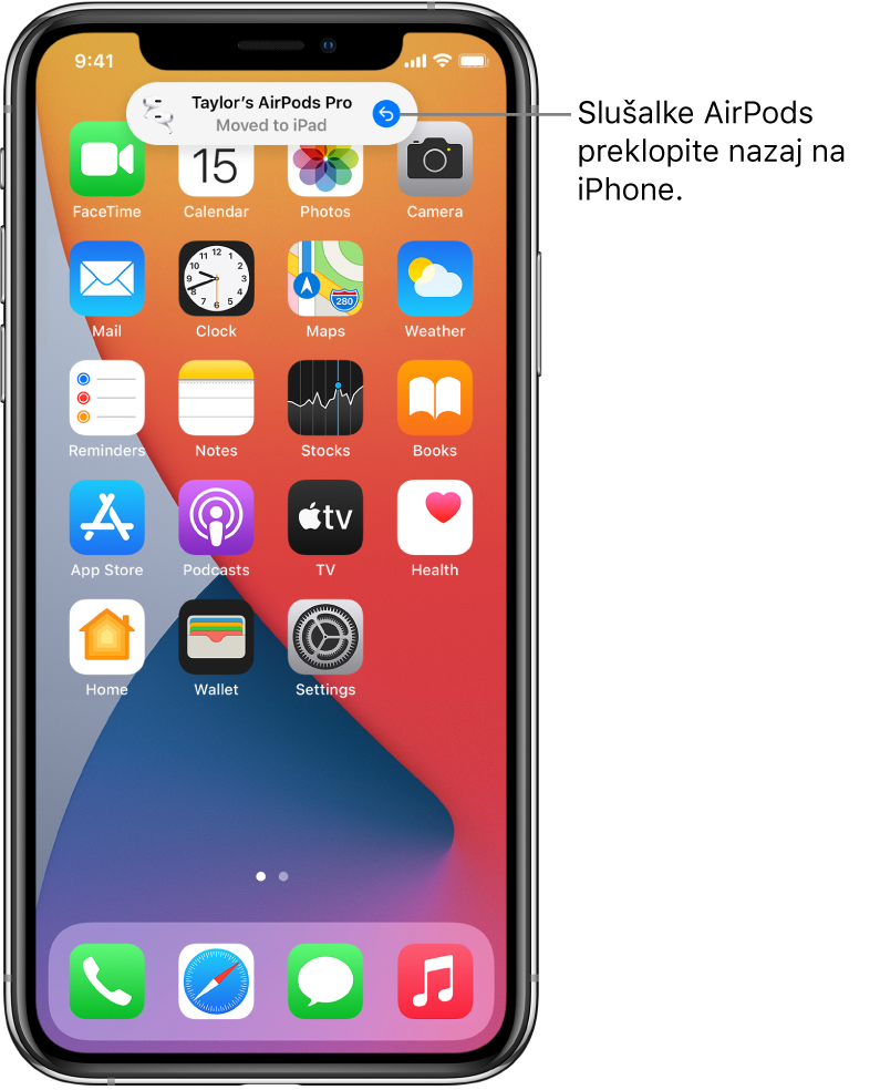 Zaklenjen zaslon s sporočilom na vrhu zaslona, v katerem piše Taylor’s AirPods Pro Moved to iPad in gumbom za preklop slušalk AirPods nazaj na iPhone.