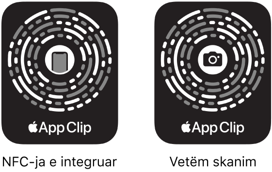 Në të majtë, një App Clip Code me NFC të integruar me ikonë e një telefoni iPhone në qendër. Në të djathtë, një App Clip Code vetëm për skanim me ikonë e një kamere në qendër.