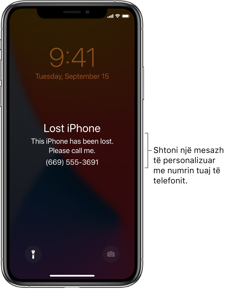 Një ekran Lock Screen në iPhone me mesazhin: “Lost iPhone. This iPhone has been lost. Please call me. (669) 555-3691.” Mund të shtoni një mesazh të personalizuar me numrin tuaj të telefonit.