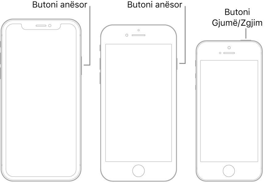 Një ilustrim që tregon vendndodhjet e butonave anësorë dhe të gjumit/zgjimit në iPhone.