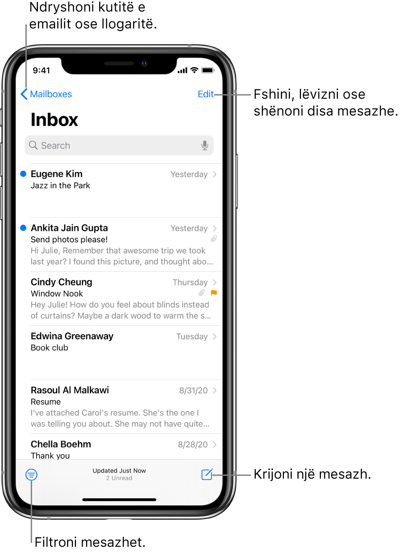 Kutia hyrëse që shfaq një listë të emaileve. Butoni Mailboxes për të kaluar te një kuti postare tjetër në këndin lart majtas. Butoni Edit për fshirjen, zhvendosjen ose shënimin e emaileve është në këndin lart djathtas. Butoni për filtrimin e emaileve që të shfaqen vetëm lloje të caktuara të emaileve është në këndin poshtë majtas. Butoni për kompozimin e një emaili të ri është në këndin poshtë djathtas