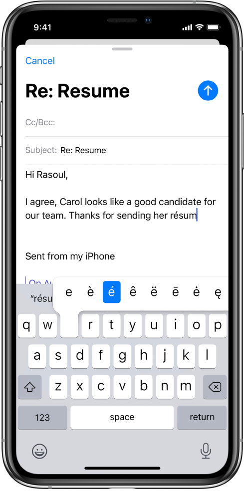 Një ekran që tregon një email që po hartohet. Tastiera është e hapur dhe tregon karaktere alternative për tastin "e".