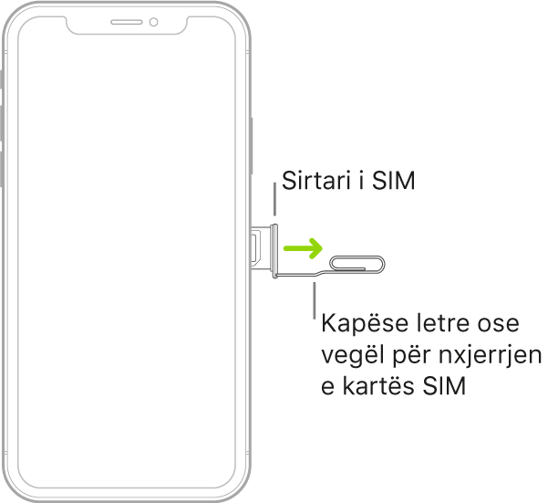 Një kapëse letre ose mjeti i nxjerrjes së SIM futet në vrimën e vogël të mbajtëses në anën e djathtë të iPhone për të nxjerrë e hequr mbajtësen.