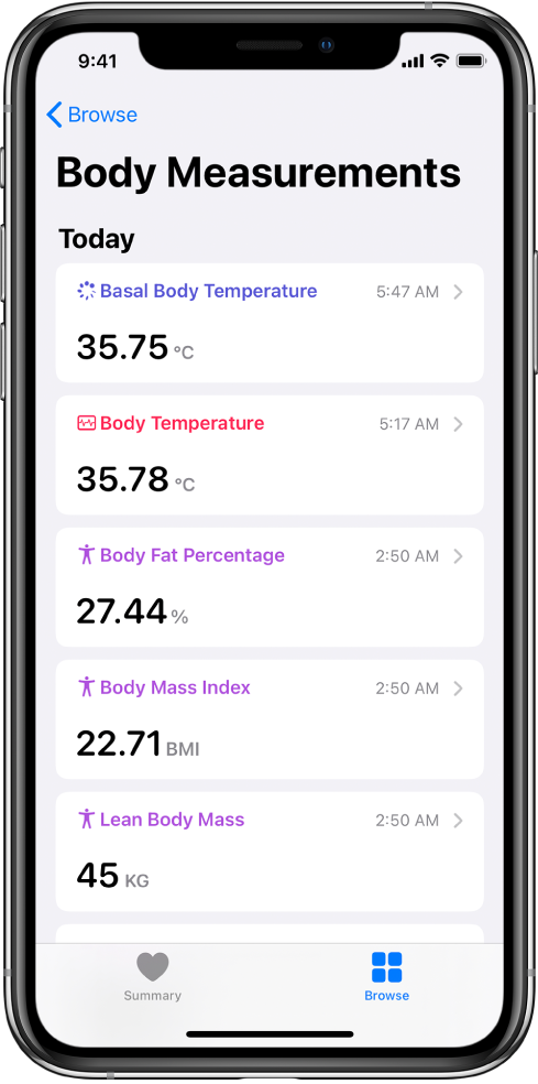 Një ekran detajesh për kategorinë Body Measurements.