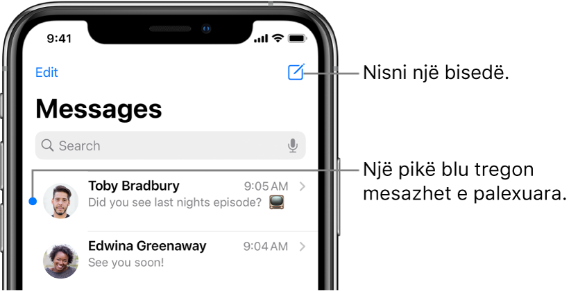 Lista Messages, me butonin Edit lart majtas dhe butonin Compose lart djathtas. Një pikë blu në të majtë të mesazhit tregon që është i palexuar.
