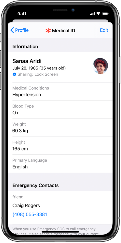 Екран функције Medical ID који садржи информације које укључују датум рођења, медицинска стања, лекове и контакт за хитне случајеве.