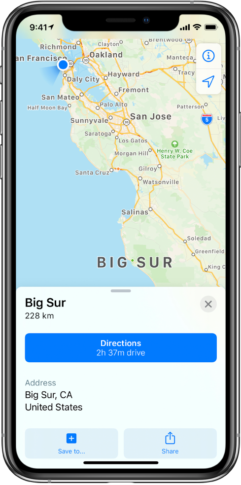 Мапа са картицом са информацијама за Big Sur. Дугме Directions је приказано на картици са информацијама.