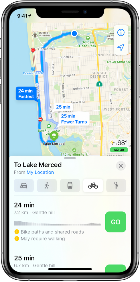 Мапа на којој је приказано више рута за вожњу бициклом. Информације о рути на дну пружају детаље о рутама, укључујући процену времена, промене у надморској висини и типове путева. Дугме Go приказано је поред сваког избора у оквиру информација о рути.