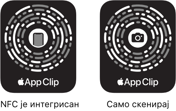 Са леве стране је приказан App Clip Code у ком је интегрисан NFC и у чијој средини се налази икона iPhone. Са десне стране је приказан App Clip Code само за скенирање у чијој средини се налази икона камере.