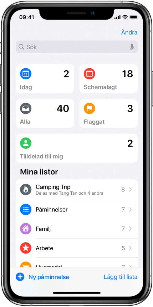 En skärm visar flera listor i Påminnelser. Smarta listor visas överst för påminnelser som ska vara klara idag, schemalagda påminnelser, alla påminnelser och flaggade påminnelser. Längst ned till höger finns knappen Lägg till lista.