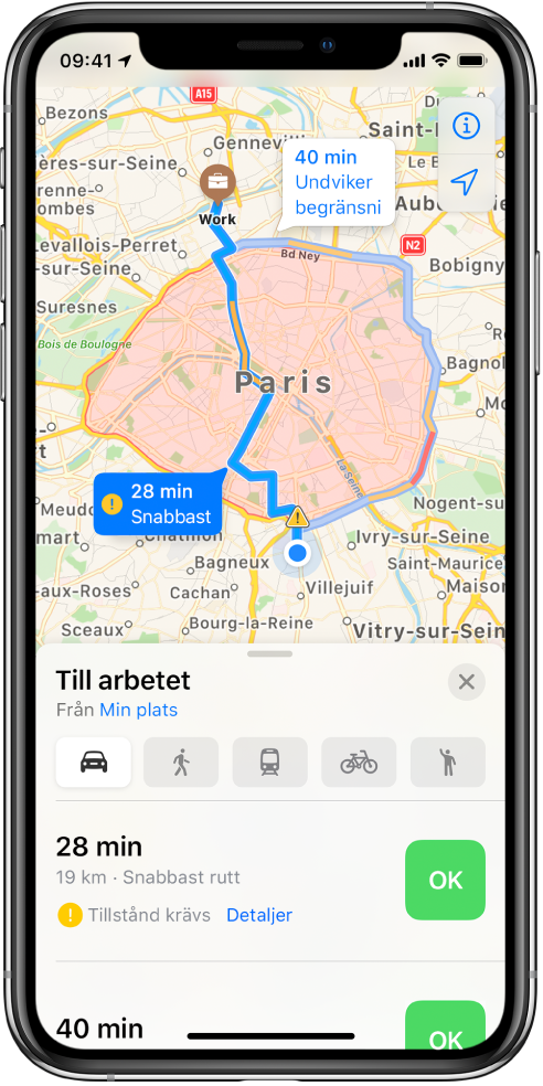 En vägkarta med Paris i mitten och en snabb rutt direkt genom staden och en långsammare rutt runt staden som undviker begränsningar.