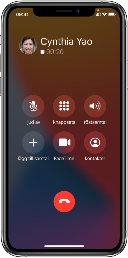 Telefon-skärmen med alternativknappar under samtal. Från vänster till höger på övre raden finns knapparna för ljud av, knappsats och högtalare. Från vänster till höger på undre raden finns knappen för att lägga till samtal, FaceTime-knappen och kontaktknappen.