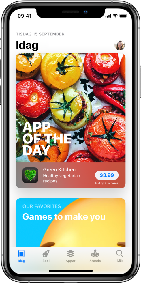 Skärmen Idag i App Store med en app i blickfånget. Din profilbild som du trycker på för att visa köp och hantera prenumerationer visas högst upp till höger. Från vänster till höger längs nederkanten finns flikarna Idag, Spel, Appar, Arcade och Sök.