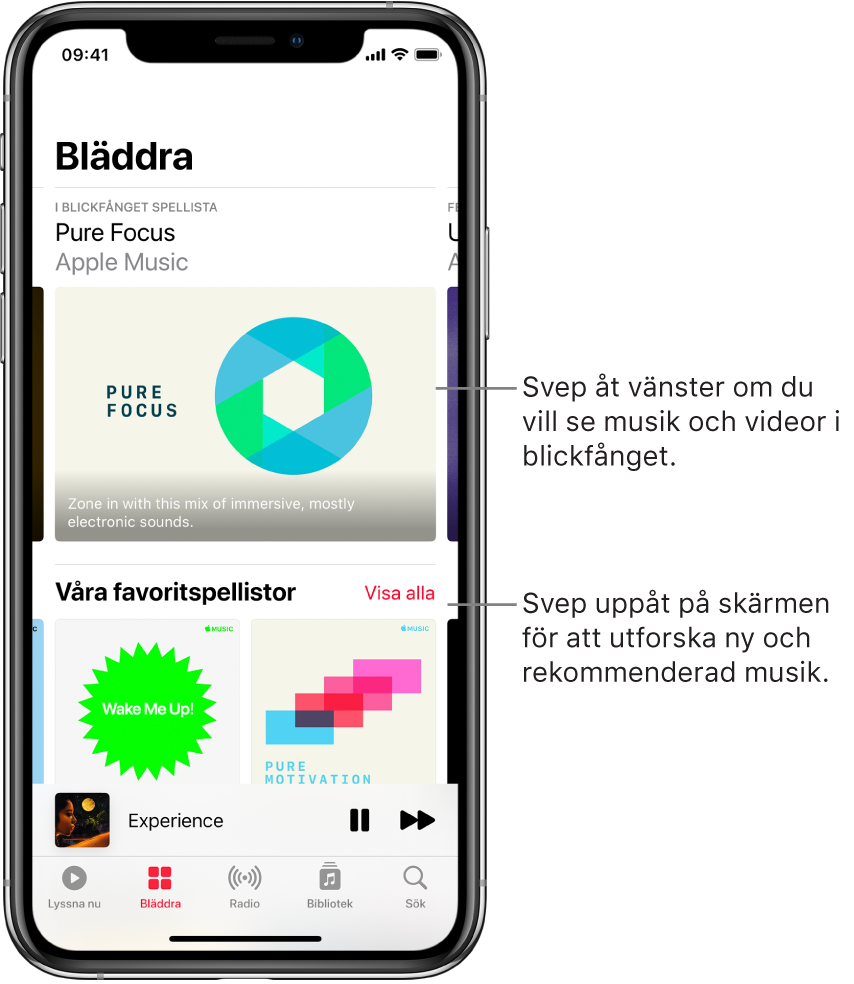 Bläddringsskärmen med musik i blickfånget överst. Du kan svepa åt vänster om du vill visa mer musik och fler videor i blickfånget. Nedanför finns avsnittet Våra spellisteval med två Apple Music-stationer. Till höger om Du måste höra finns knappen Visa allt. Svep uppåt på skärmen om du vill utforska ny och rekommenderad musik.