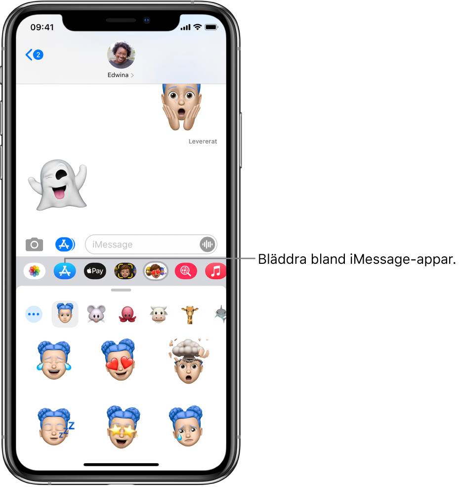 En konversation i Meddelanden med knappen för bläddring bland iMessage-appar markerad. Den öppna applådan visar smileymärken.