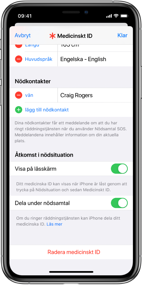 Skärmen för ett medicinskt ID. Längst ned finns alternativen för att visa informationen från ditt medicinska ID när iPhone-skärmen är låst och när du ringer ett nödsamtal.