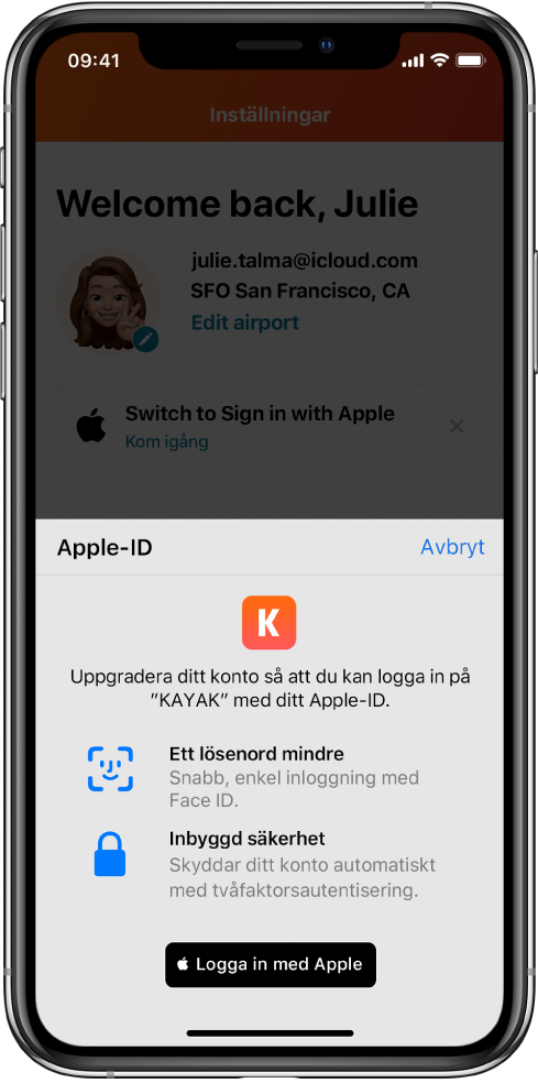 En app som visar knappen Logga in med Apple.