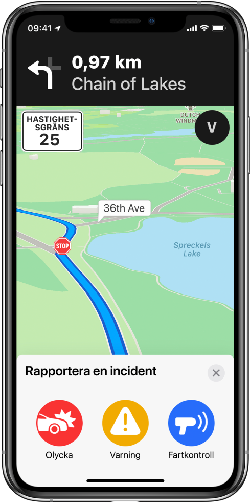 En karta med ett kort längst ned på skärmen där det står Rapportera en incident. Ruttkortet innehåller knappar för Olycka, Fara och Fartkontroll.