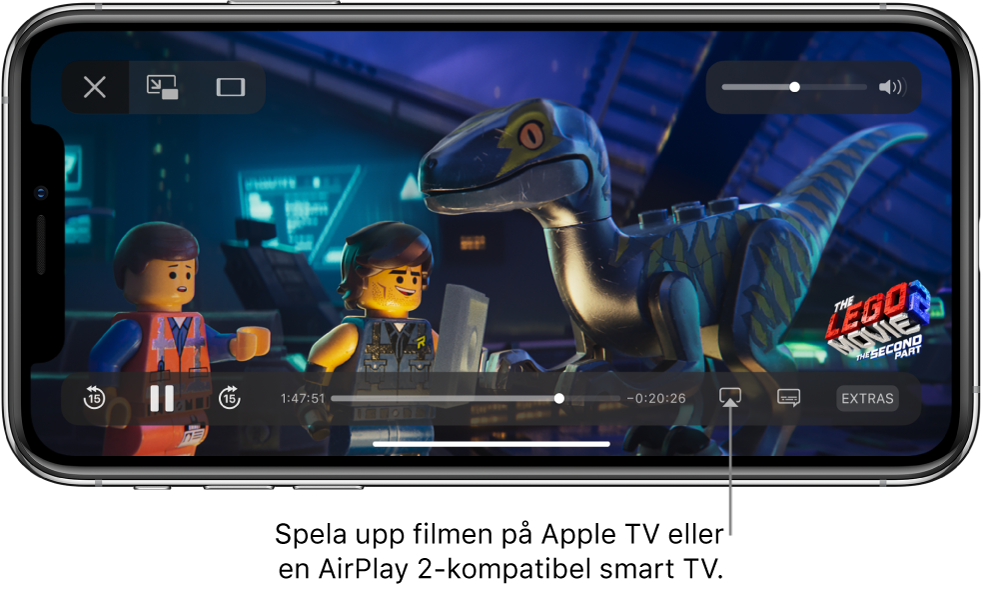 En film spelas upp på iPhone-skärmen. Längst ned på skärmen finns uppspelningsreglagen, inklusive knappen för skärmdubblering långt ned till höger.