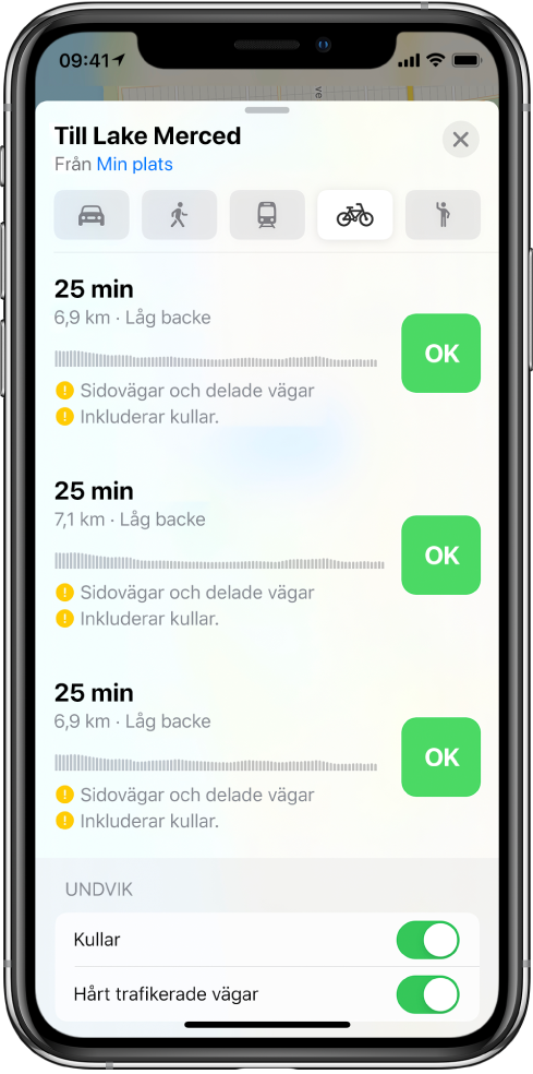 En lista över cykelrutter. För varje rutt visas en Gå-knapp och information om rutten, som beräknad tid, höjdändringar och typer av vägar. Längst ned på skärmen finns knappar för att undvika kullar och trafikerade vägar.