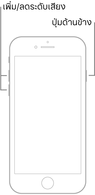 ภาพประกอบของ iPhone รุ่นที่มีปุ่มโฮมหงายหน้าขึ้น ปุ่มเพิ่มระดับเสียงและปุ่มลดระดับเสียงแสดงอยู่ด้านซ้ายของอุปกรณ์ และปุ่มด้านข้างแสดงอยู่ด้านขวา