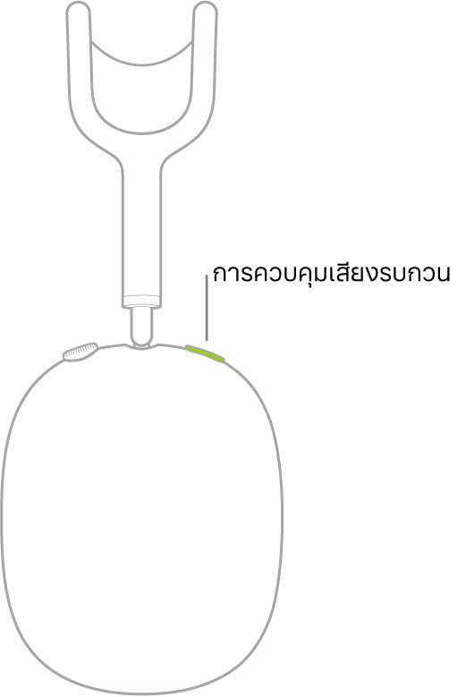 ภาพประกอบที่แสดงตำแหน่งของปุ่มควบคุมเสียงรบกวนบนหูฟังข้างขวาของ AirPods Max