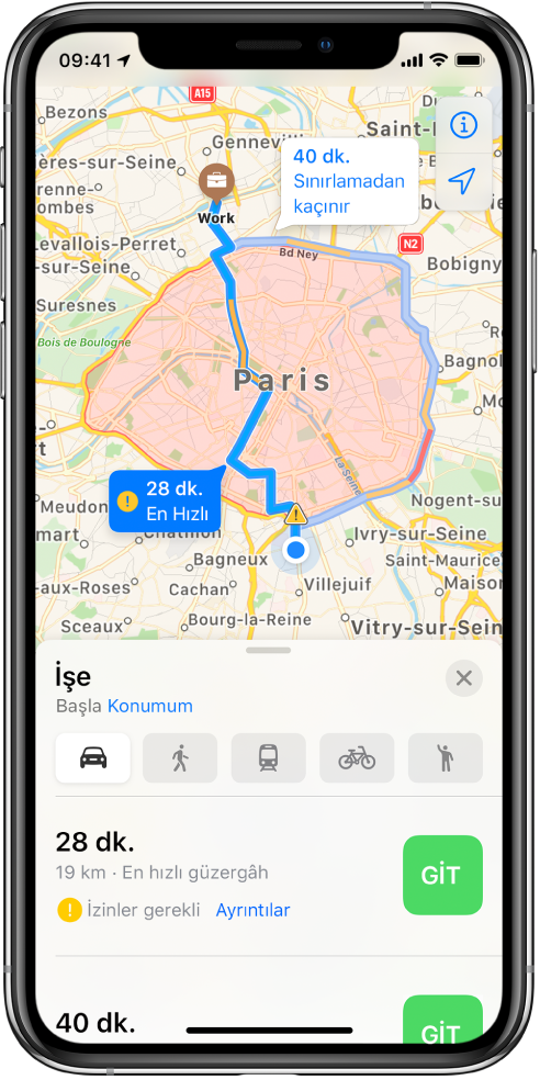Orta bölümde doğrudan şehrin içinden geçen hızlı bir güzergâh ile sınırlamalardan kaçınarak şehrin etrafından dolaşan daha yavaş bir güzergâhı gösteren Paris yol haritası.