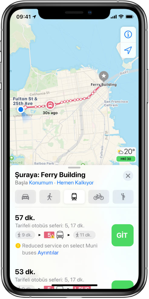 San Francisco üzerinde bir toplu taşıma rotasını gösteren bir harita. Ekranın alt kısmında rota kartı Git düğmesini içeriyor.
