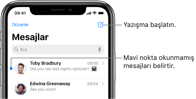 Sol üstte Düzenle düğmesi ve sağ üstte Oluştur düğmesi ile Mesajlar listesi. Mesajın solundaki bir mavi nokta mesajın okunmadığını belirtir.