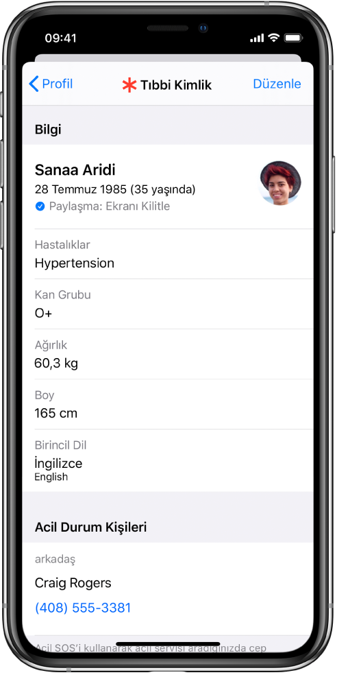Doğum tarihi, hastalıklar, ilaçlar ve acil durum kişisi de dahil olmak üzere bilgiler içeren bir Tıbbi Kimlik ekranı.