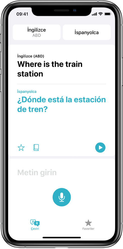 Çeviri sekmesinin en üstünde iki dil seçici (İngilizce ve İspanyolca), orta kısmında bir çeviri ve alt tarafında Metin Gir alanı gösteriliyor.