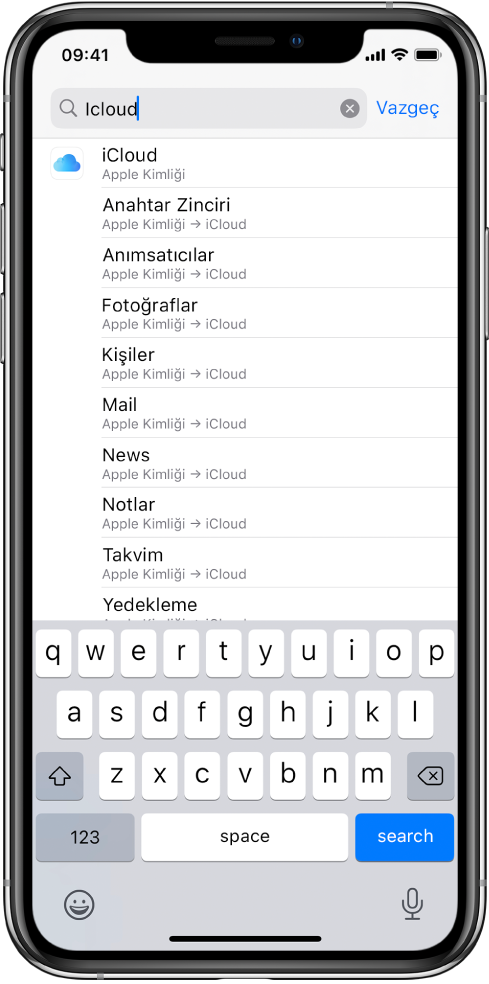 En üstte arama alanıyla arama ayarları ekranı. Arama alanında “iCloud” arama terimi var. Bulunan ayarlar ise alttaki listede.