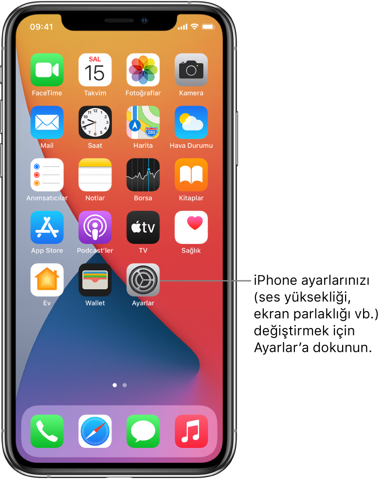 iPhone’unuzun ses yüksekliğini, ekran parlaklığını ve daha birçok şeyi değiştirmek için dokunabileceğiniz Ayarlar uygulamasının simgesi de dahil olmak üzere birçok uygulama simgesinin bulunduğu ana ekran.