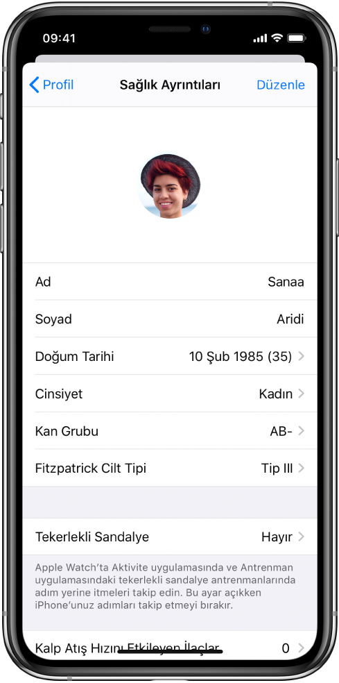35 yaşındaki bir kadın için Sağlık Ayrıntıları ekranı.