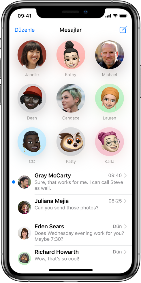 Mesajlar uygulamasında Mesajlar yazışma listesi. Ekranın en üstünde, iğnelendiklerini belirtmek üzere daire içinde dokuz kişi görüntüsü gösteriliyor. Onun altında yazışma listesi var.