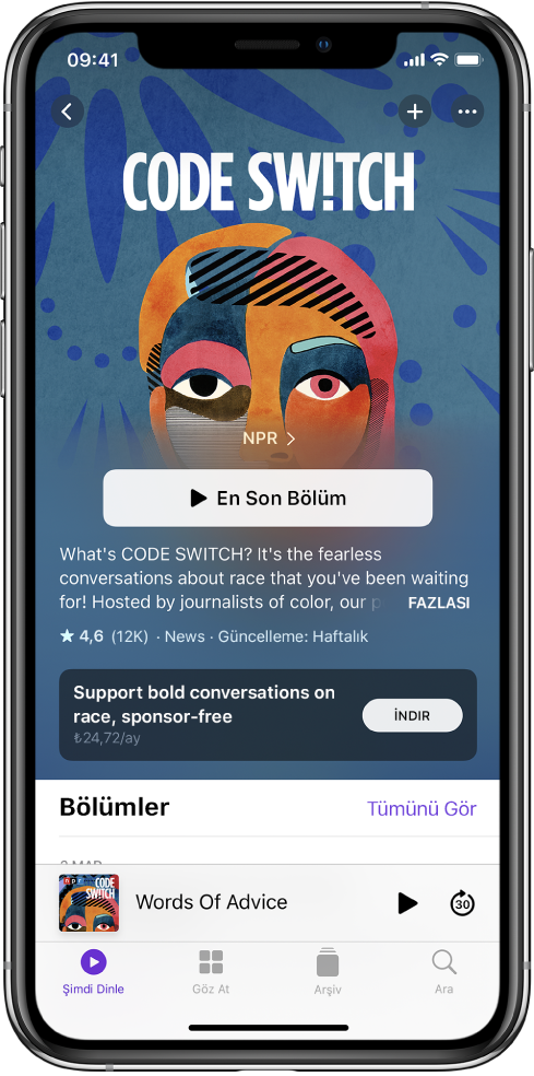 Şimdi Dinle ekranı, kullanılabilir bir abonelik seçeneği ile bir podcast gösteriyor.