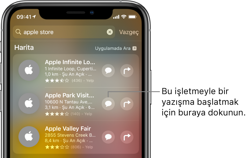 Ara ekranı, Harita için bulunan öğeleri gösteriyor. Her öğe kısa bir açıklama, puan veya adres ve her web sitesi bir URL gösteriyor. İkinci öğe, Apple Store için bir iş yeriyle sohbet başlatmak amacıyla dokunabileceğiniz bir düğme gösteriyor.