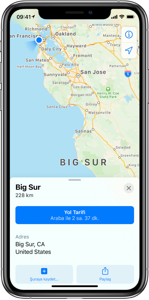 Big Sur için bilgi kartını gösteren bir harita. Bilgi kartında Yol Tarifi düğmesi görünüyor.