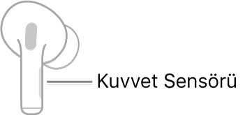 Kuvvet sensörünün yerini gösteren bir sağ AirPod resmi. AirPod kulağınıza takılıyken kuvvet sensörü sap kısmının üst tarafındadır.