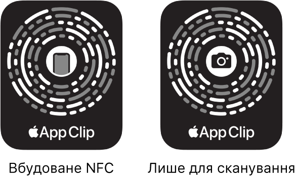 Ліворуч відображено NFC-інтегрований код фрагмента програми з іконкою iPhone у центрі. Праворуч відображено код фрагмента програми тільки для сканування з іконкою камери в центрі.