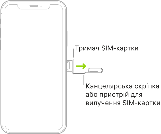 У маленький отвір тримача на правій панелі iPhone вставляється скріпка або пристрій для вилучення SIM-картки, щоб дістати тримач.